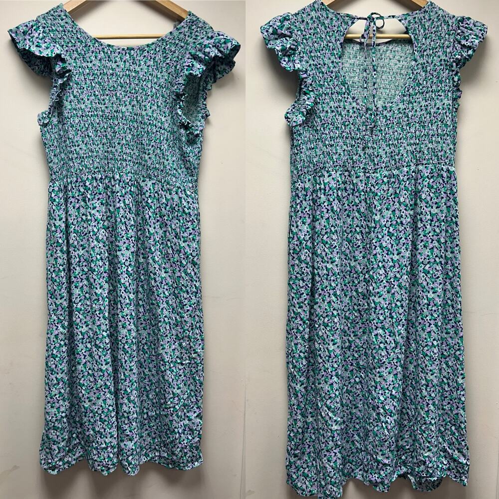 A New Day Smocked Floral Dress Green Purple Blue L